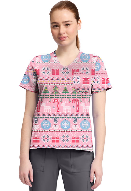 Women's High-Low V-Neck Top in FESTIVE FAIR ISLE