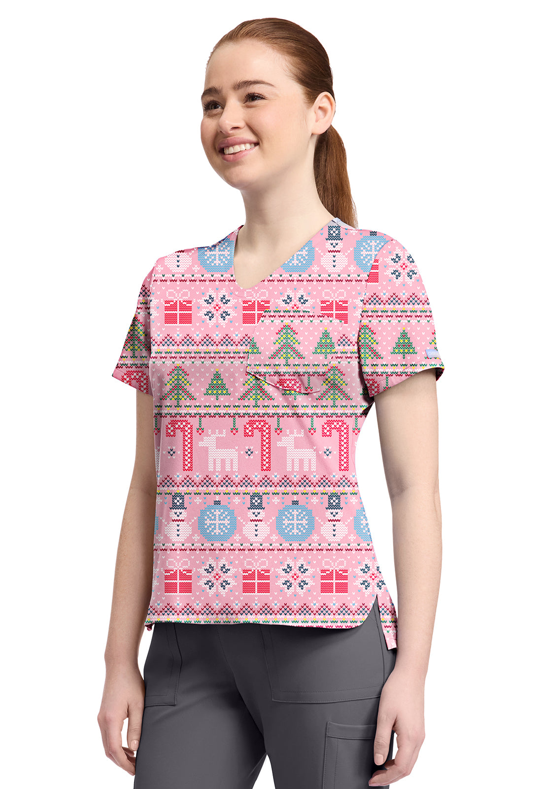Women's High-Low V-Neck Top in FESTIVE FAIR ISLE